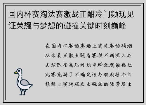 国内杯赛淘汰赛激战正酣冷门频现见证荣耀与梦想的碰撞关键时刻巅峰 国内杯赛淘汰赛激战正酣冷门频现见证荣耀与梦想的碰撞关键时刻巅峰