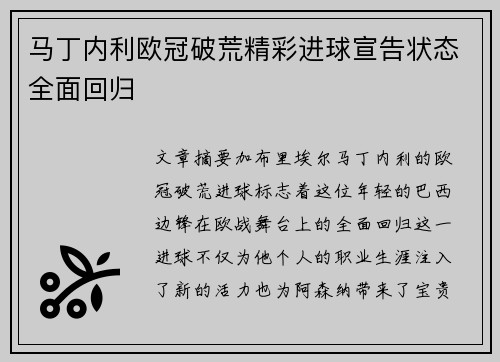 马丁内利欧冠破荒精彩进球宣告状态全面回归